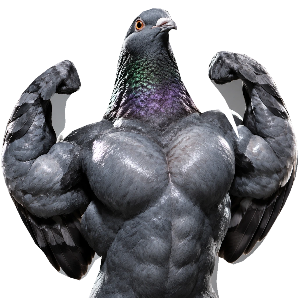 Volvo, a grey city pigeon with enormous feathered muscles, orange bead eyes, iridescent neck and both wings raised in a double-biceps flex.