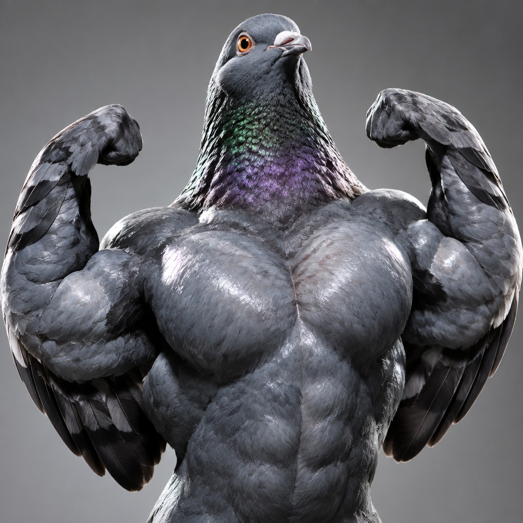 Verified original artwork 1691: the double-biceps Chad Pigeon against his original grey studio background.